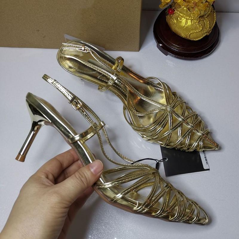 Ins Style Patent Leather Hollow Out Women Sandals Sexy Narrow Band Slingbacks Pointed Toe Thin High Heels Summer Shoes