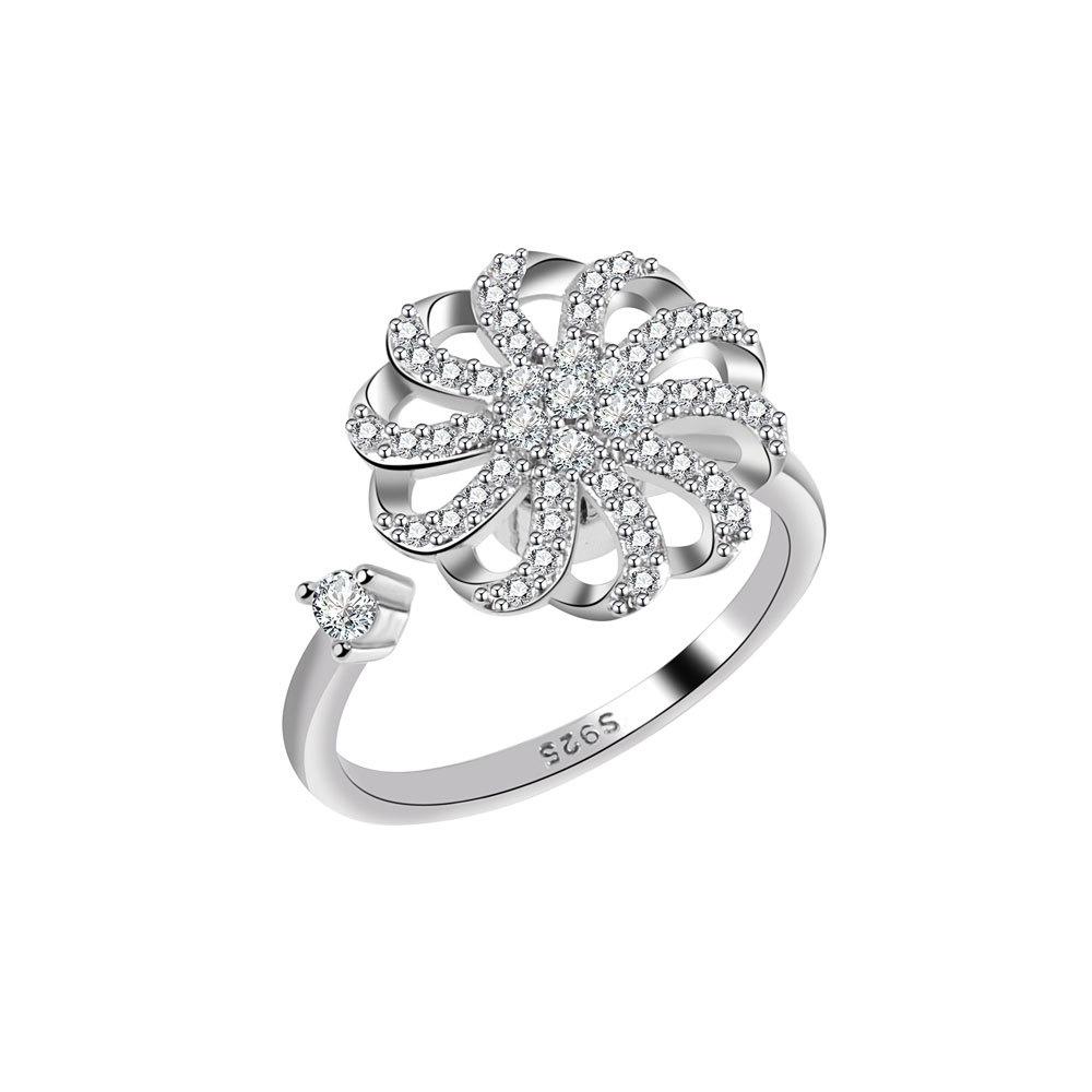 Women Fidget Spinner Ring Windmill Snowflake Open Adjustable Rotating Band Anxiety Relief Jewelry Gift For Her