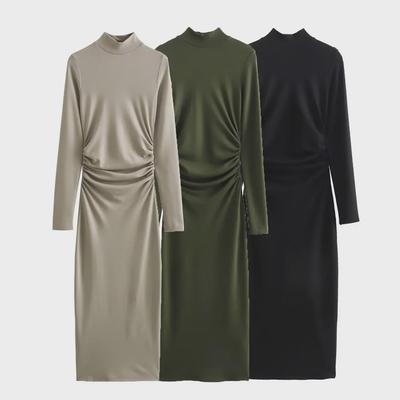 2023 Herbst Europäisches & Amerikanisches Damen Stehkragen Plissee Langarm Midi-Kleid