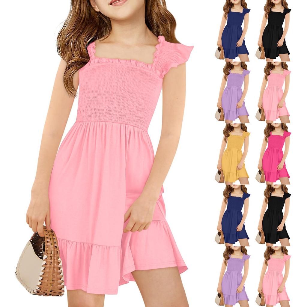 Girls Summer Sleeveless Dress - Square Neck Ruffled Back Short Dress