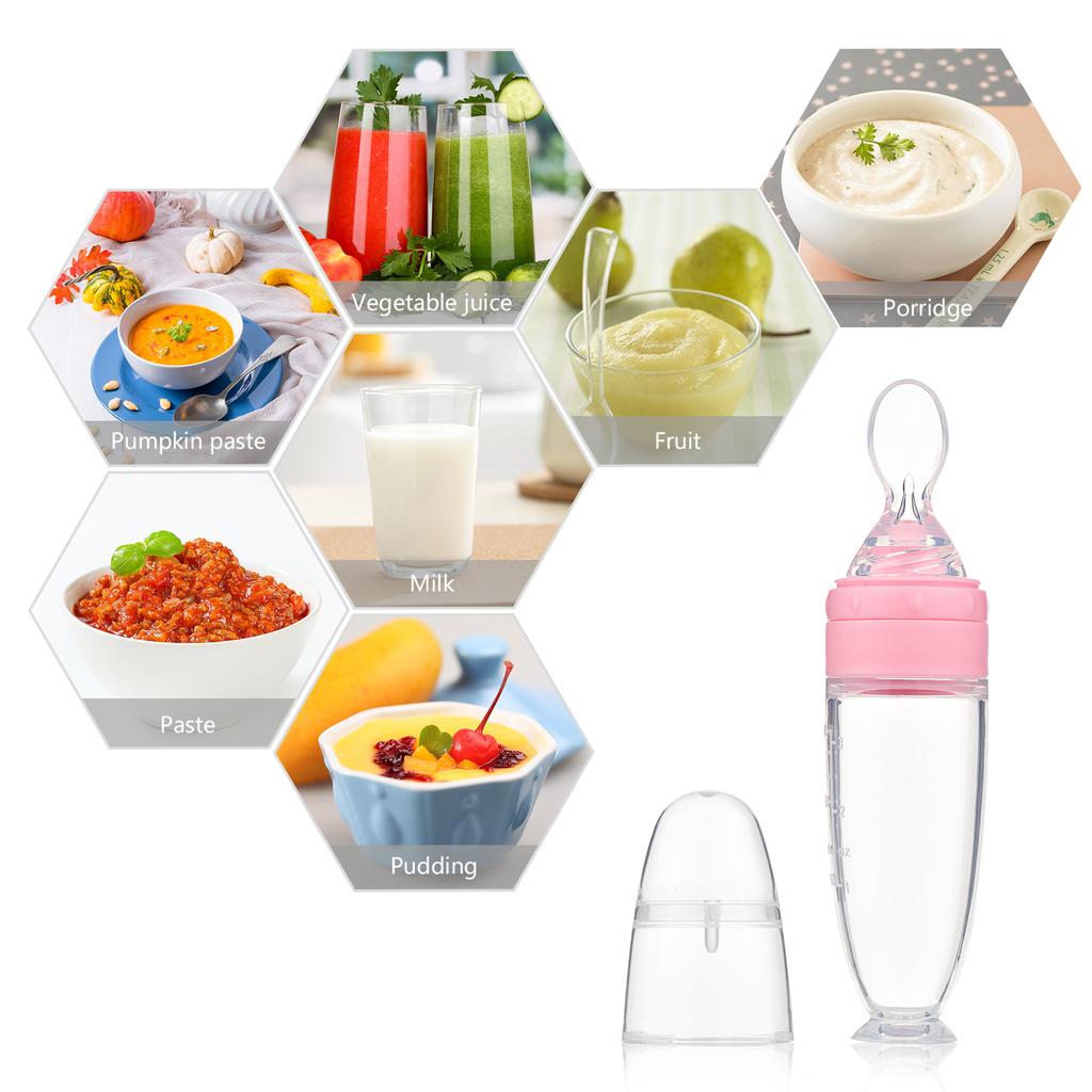 Cuillère d'alimentation pour bébé 90 ml de capacité avec balance Bouteille à presser en silicone, Cuillère PP intégrée pour nourrir Riz Pâtes, Fruits, Lait,