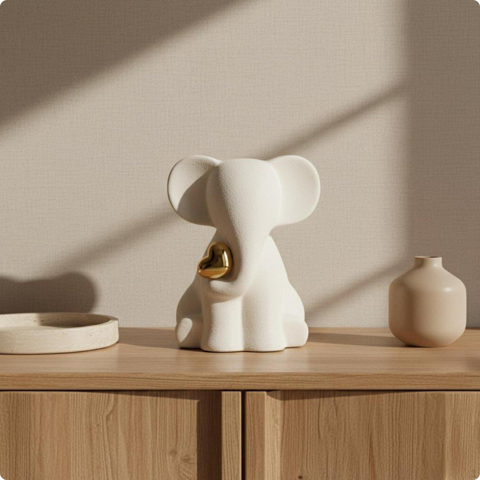 White Elephant Sculpture with Golden Heart Luxurious Appearance Ornament Handmade White Left Heart Elephant