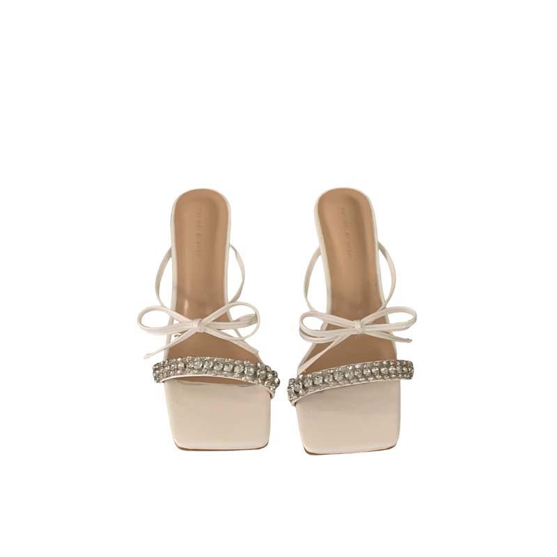 Small sandals wear a word diamond with bow square heel sandals high heel slippers women