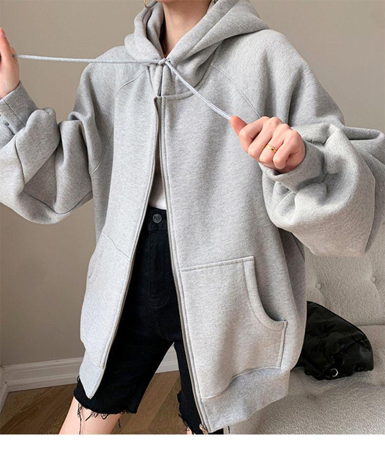 Women's Grey Hooded Sweatshirt: Autumn/Winter 2025 Loose Fit, Korean Style, Plus Velvet, Versatile American Retro Cardigan.