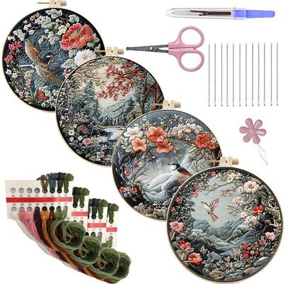 1pc Bird and Flower Landscape Embroidery DIY Fabric Craft Kit with Tools