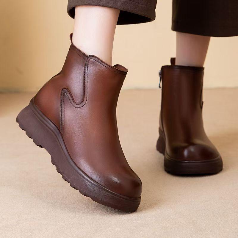 Women Real Leather Wedges Ankle Boots Spring Autumn New Thick sole Non Slip Middle Aged And Elderly High Top Zippers Boots