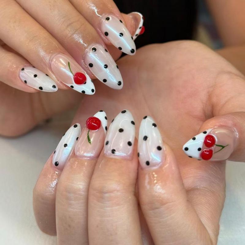 30-Piece 3D Cherry White Polka Dot Almond French Nail Art Tips