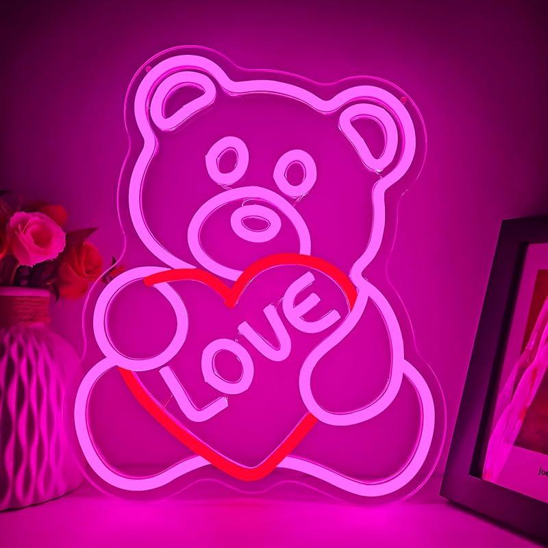 Valentines Day Neon Sign Valentines Teddy Bear Neon Signs for Wall Decor Dimmable Valentines Led Sign Bear Neon Lights for Bedroom Wedding