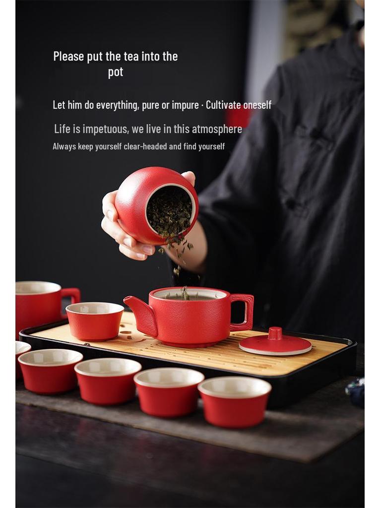 High-End Portable Ceramic Tea Set with Teapot, Teacups, and Tray for Household or Outdoor Use