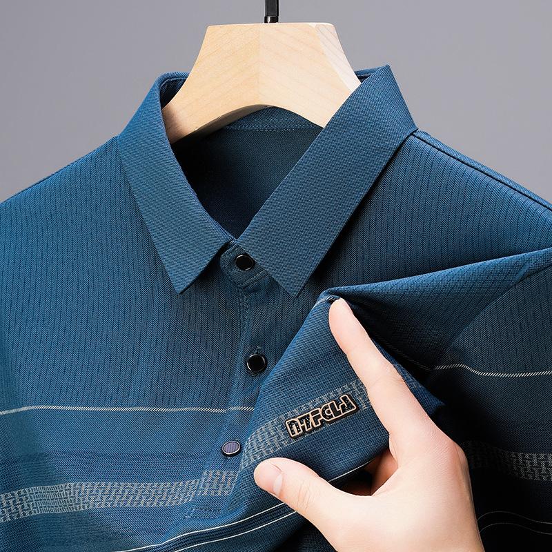 

Летняя мужская рубашка-поло среднего возраста, футболка с короткими рукавами, деловая повседневная одежда для папы, полосатая футболка с половиной рукавов для мужчин XL синий