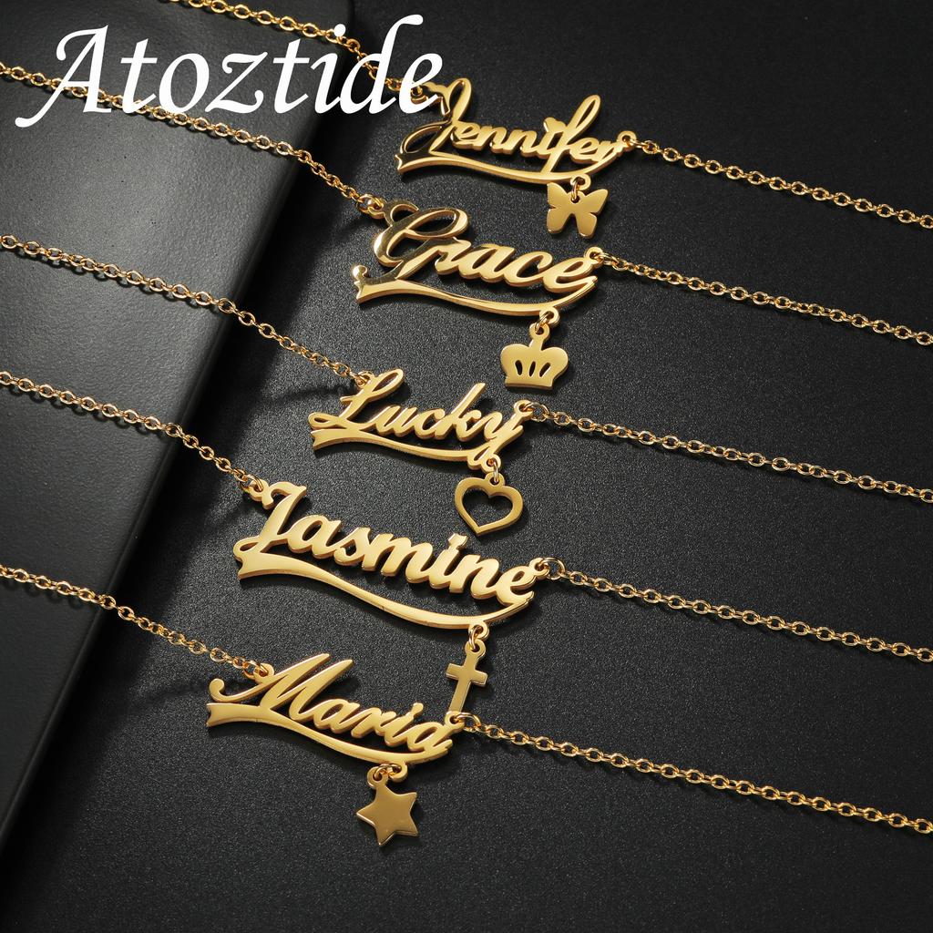 Atoztide Custom Name Necklace for Women Hang Heart Butterfly Stainless Steel Jewelry Choker Chain Personalized Birthday Gift