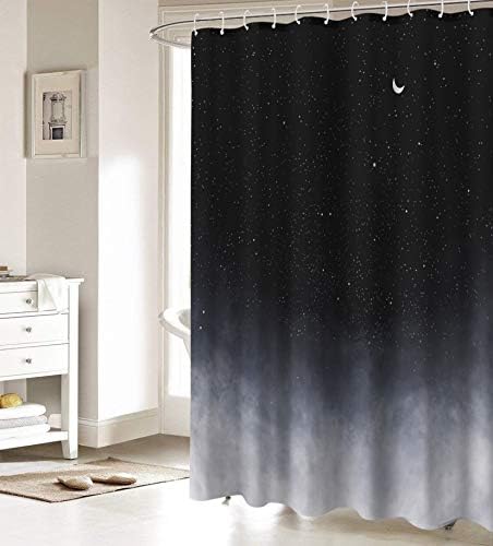 Black Shower Curtain, Starry Night Sky With Moon Design, Waterproof Fabric Bathroom Curtain For Night Theme Decor With Hooks