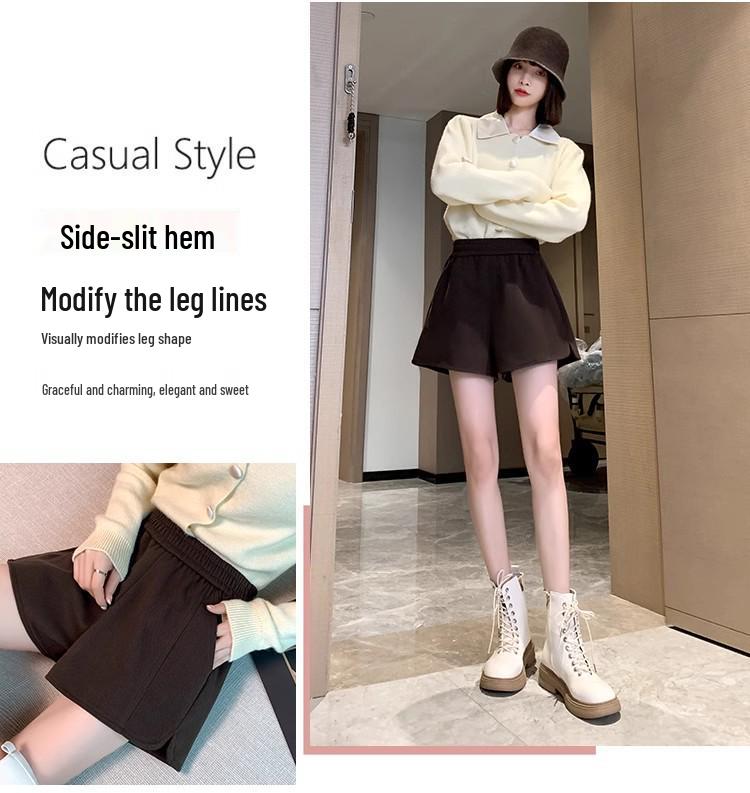 2025 Woolen High-Waist A-Line Shorts for Women: Autumn/Winter Casual Wide-Leg Petite Fit