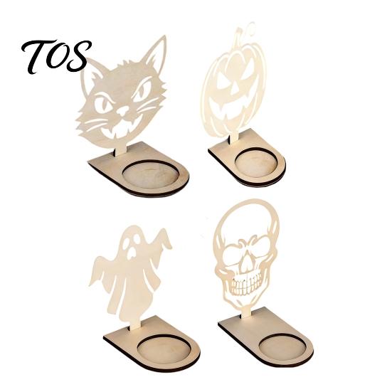 Solid Wood Halloween Decor Wooden Candle Holder Ornaments, Decorative Cat/Pumpkin/ Ghost/Skull Projection DIY Decorations Stand, Creative Tabletop for