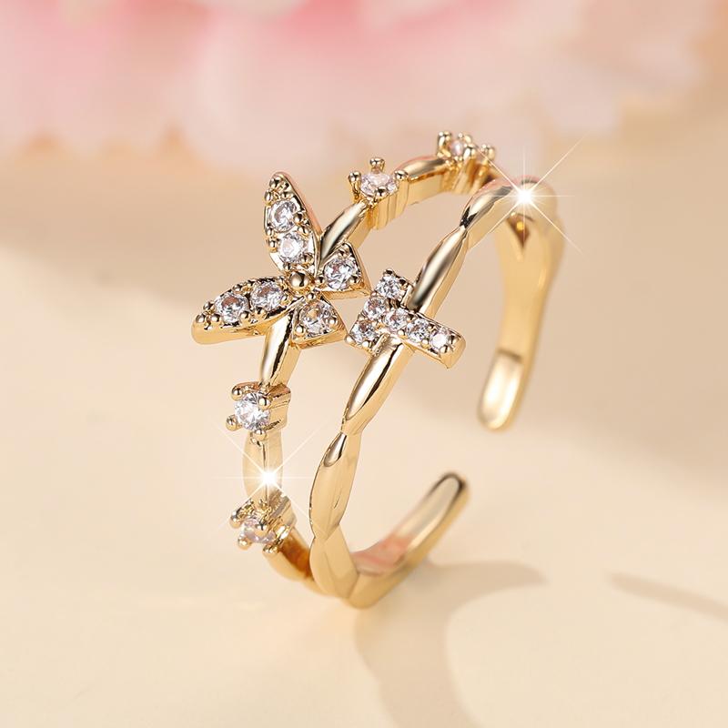 

Двухслойные циркониевые бабочки 26 букв открытые кольца для женщин золотого цвета регулируемое кольцо палец ювелирные изделия свадебный подарок T золотой