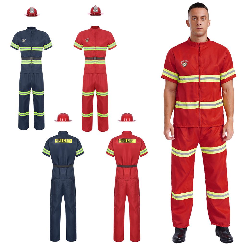 Adult Firefighter Dress Up Suit - 4-Piece Costume with Short Sleeve Jacket, Pants, Belt & Safety Helmet