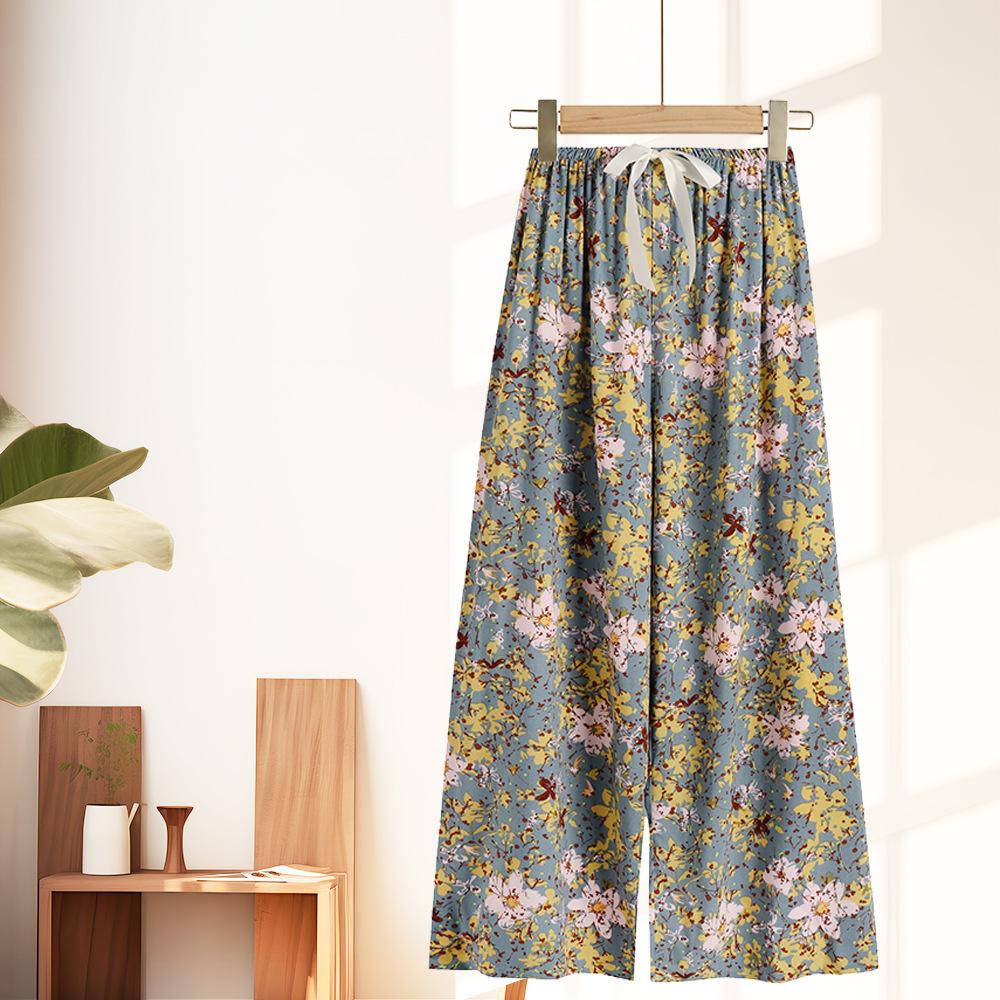 Women's Pajama Bottoms Floral Print Cuff Pants Wide Leg Pj Pants Elastic Waist Sleep Pants Loungewear Nightwear