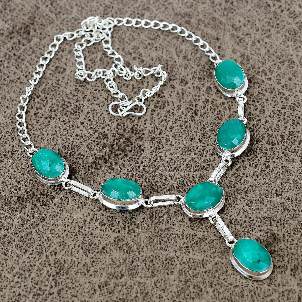Green Jade Gemstone Handmade 925 Sterling Silver Jewelry Necklace 18" KKG-401