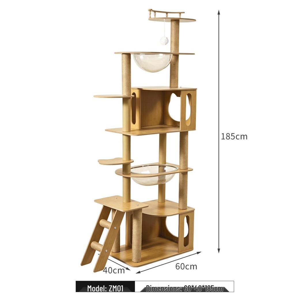 Large Wooden Cat Tree & Scratching Post with Space-Saving Design - Integrated Climbing Frame & House