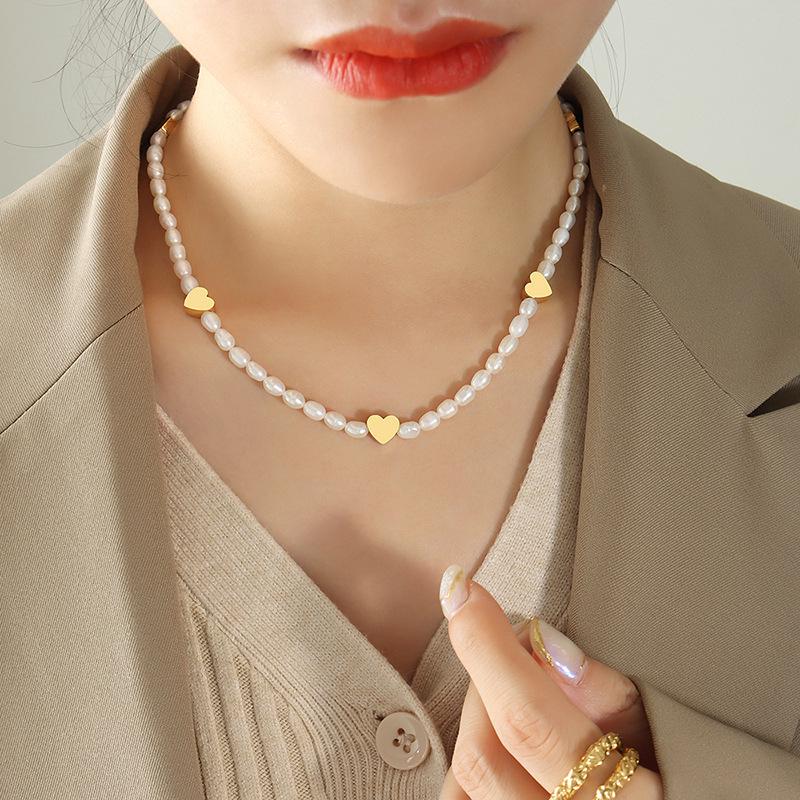 Korean Sweet Peach Heart & Pearl Titanium Necklace