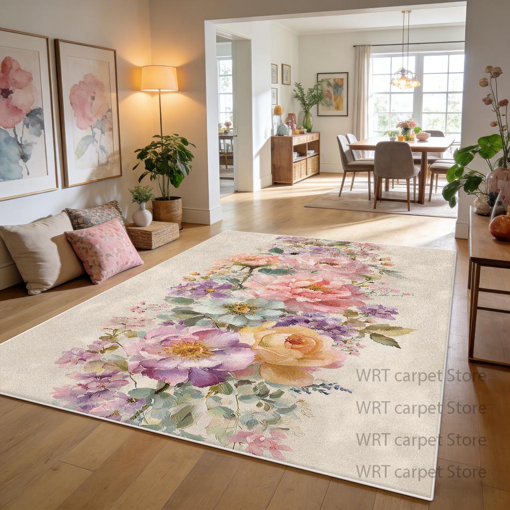 Cream Pink Color Floral Decoration Home Carpet Living Room Dining Room Area Non-slip Rug Patio Foldable Short Velvet Floor Mat