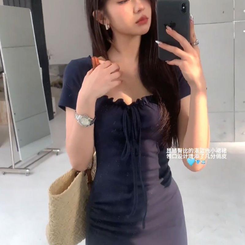 Female Summer Small Hot Girl Slim Waist Slim Dark Blue Dress Pure Desire Little Mother Wind Hip Fish Tail Dress