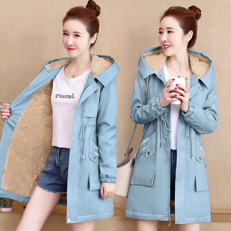 Fluffy and Thick Cotton Clothing, Autumn and Winter Korean Version, Waist Tightened, Versatile Mid-length Trench Coat, Cotton Coat Women's Trend