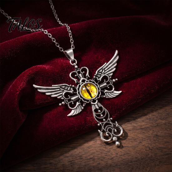 Personalized Dark Style Accessory Devil Eye Pendant Necklace, Gothic Winged Religious Charm Detailed Metal Engraving Statement Vintage Punk