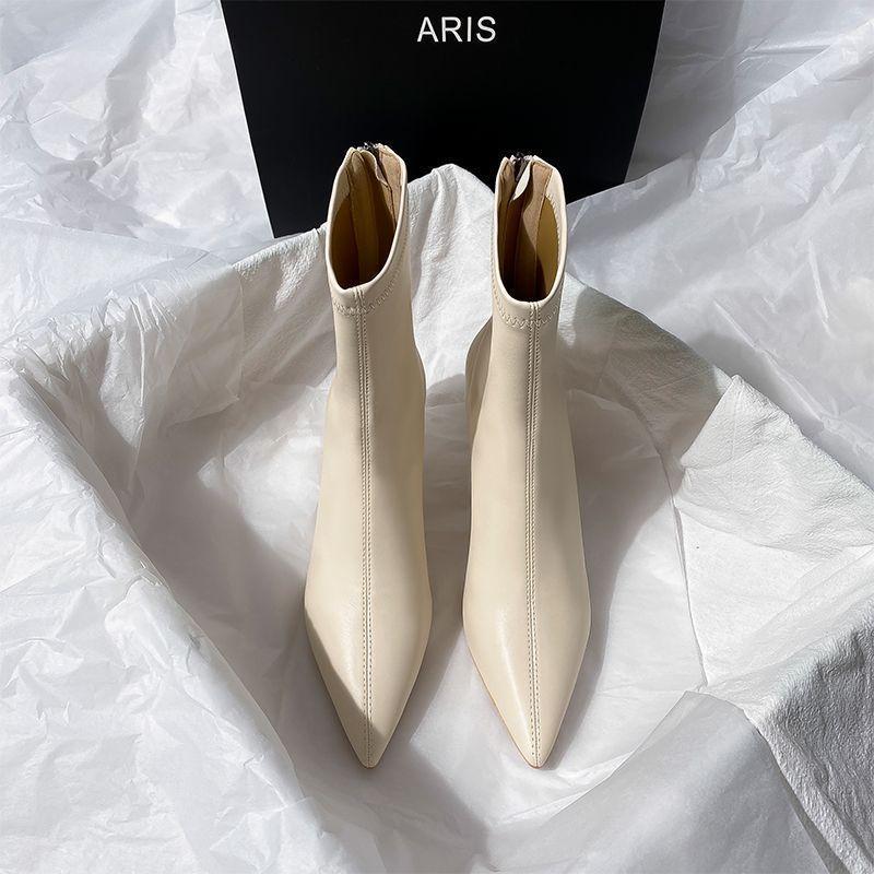 

Бежевые короткие ботинки женские высокие каблуки 2025 осень и зима новая французская тонкая шпилька задняя молния ботильоны с открытой щиколоткой острый носок эластичные тонкие ботинки 36