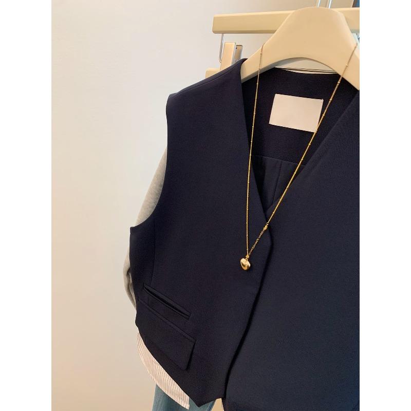 Fashion Womens Navy Blue V Neck Waistcoat Autumn Casual Slim Fit Blazer Vest Minimalist Outerwear