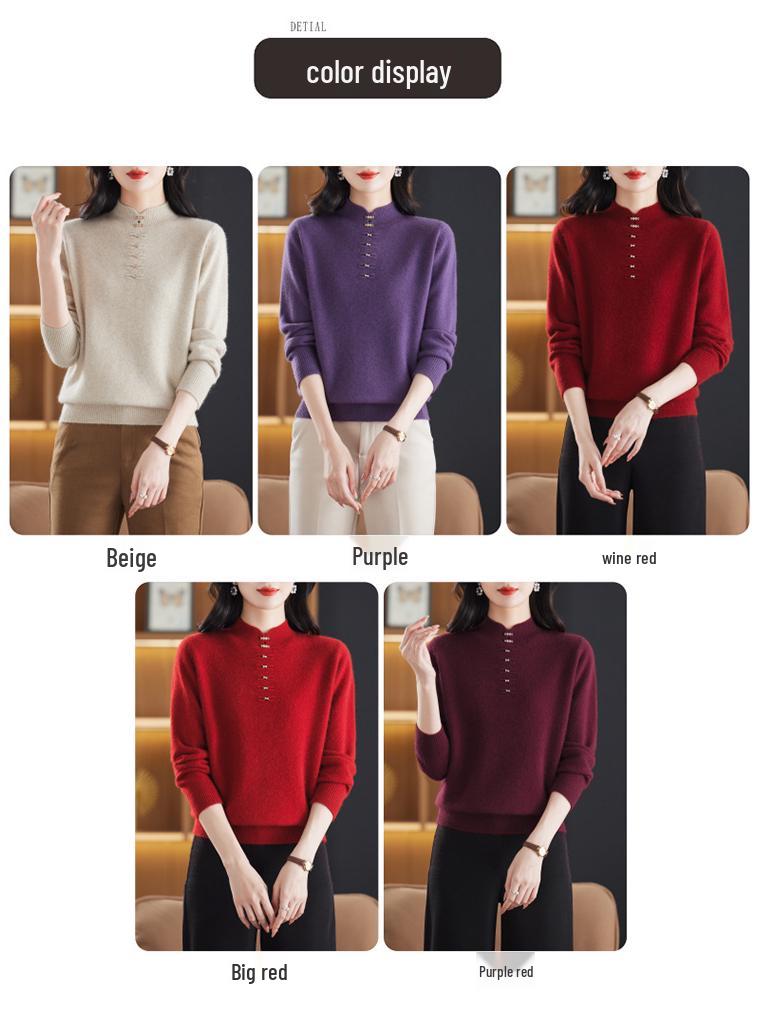 Women's Red Chinese-Style Thick Wool Sweater for Autumn/Winter