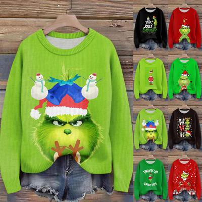 Pulóvre s dlhým rukávom pre ženy s okrúhlym výstrihom, ležérne, roztomilá potlač, pletený nadrozmerný sveter