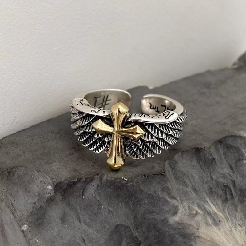 Angel Cross Ring for Men,Fashionable and Personalized Opening Ring Golden Cross Wings and Wings for Men Goth Punk Jewelry