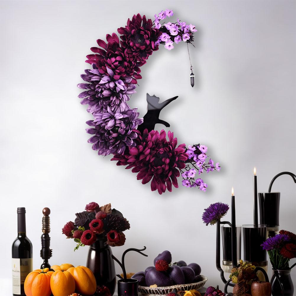 2025 Halloween Moon Cat Wreath Rose Black Door Wall Hanging Decoration Wreath Festival Party Decoration Household Items