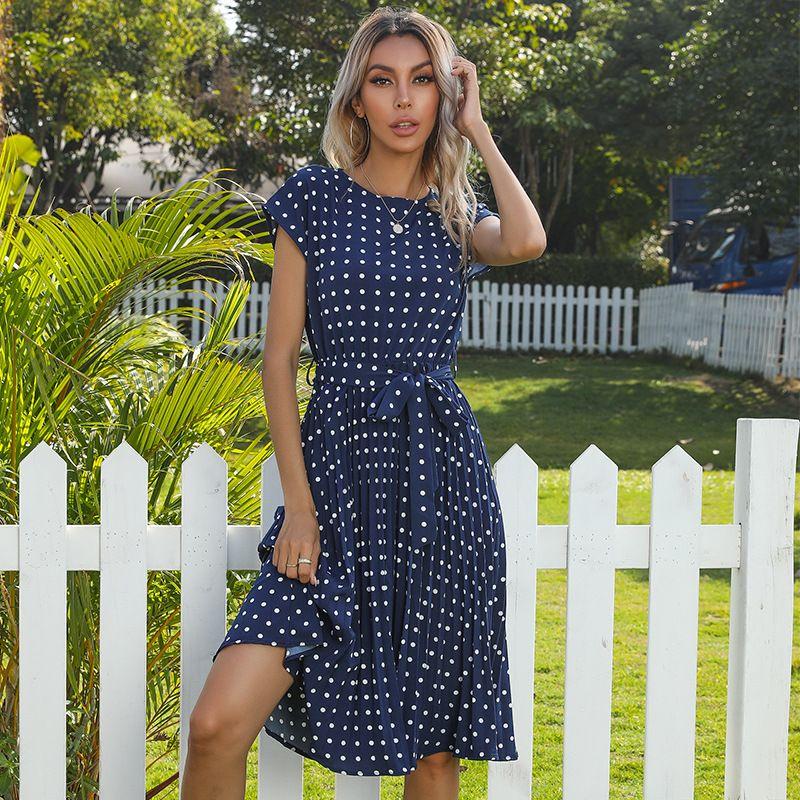 

Polka Dot Pleated Medium Length Dress Wave Point Ruched Mid-Length Dress Royal Blue XXL