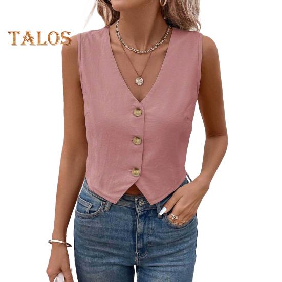 Dámské tílko bez rukávů s výstřihem do V, na knoflíky, krátké, letní, na vycházky, vesta, ležérní košile do práce