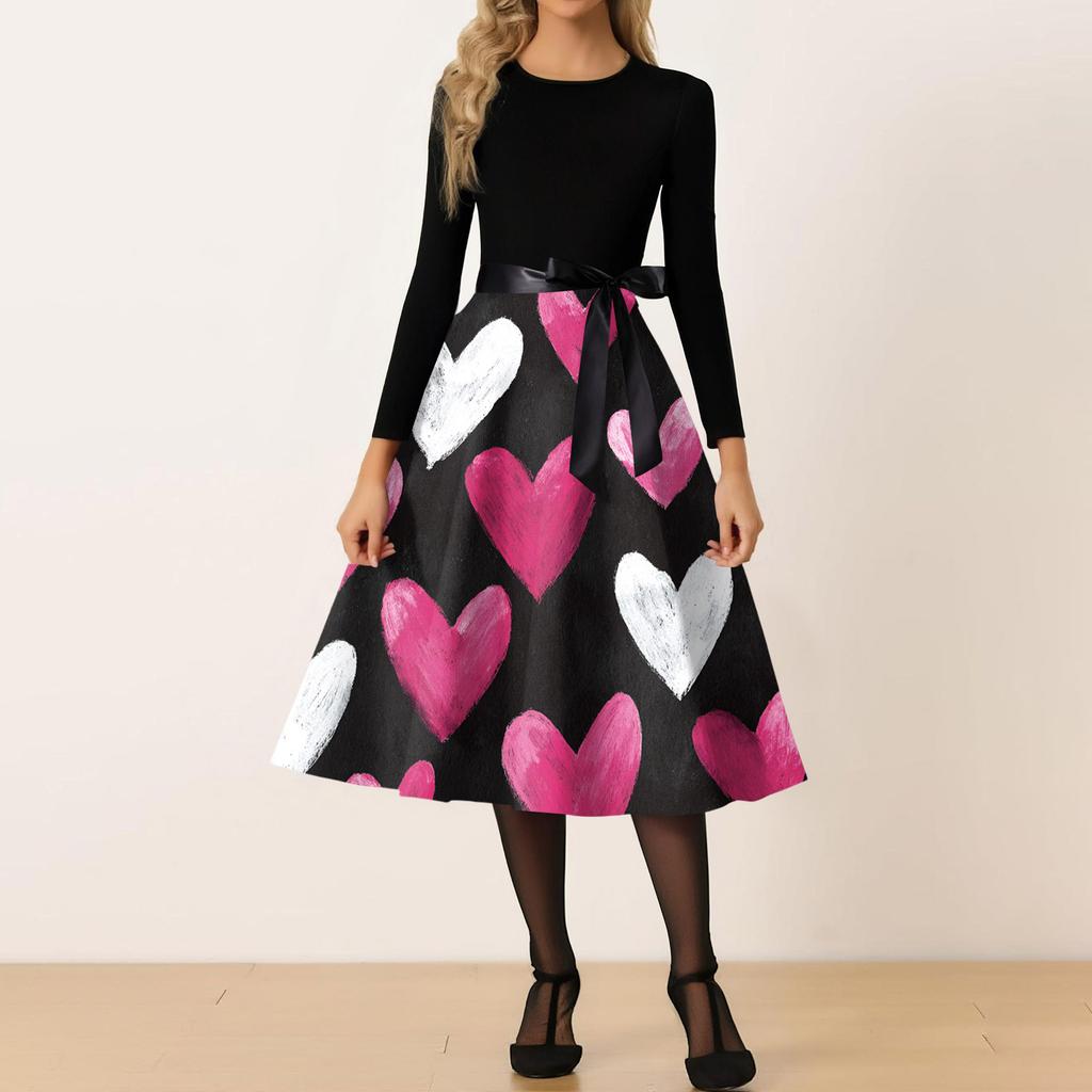 Women's Casual Fashion Round Neck Valentine's Day Printed Retro Dress