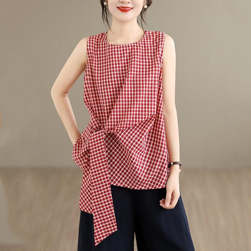 

oversized cotton vintage plaid Casual loose tank tops for Women summer t-shirt 2026 clothing XXL червоний