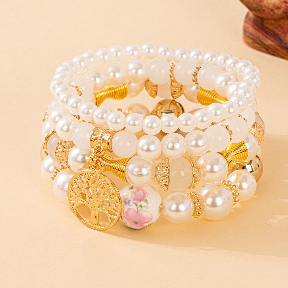 Bohemian Beaded Bracelet Set with Tree of Life Pendant and Faux Pearls