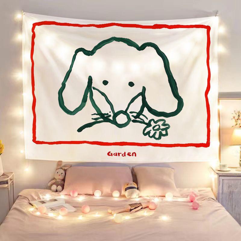Simple Minimalist Line Art Puppy Tapestry Cute Healing Wall Hanging for Bedroom Headboard Decor