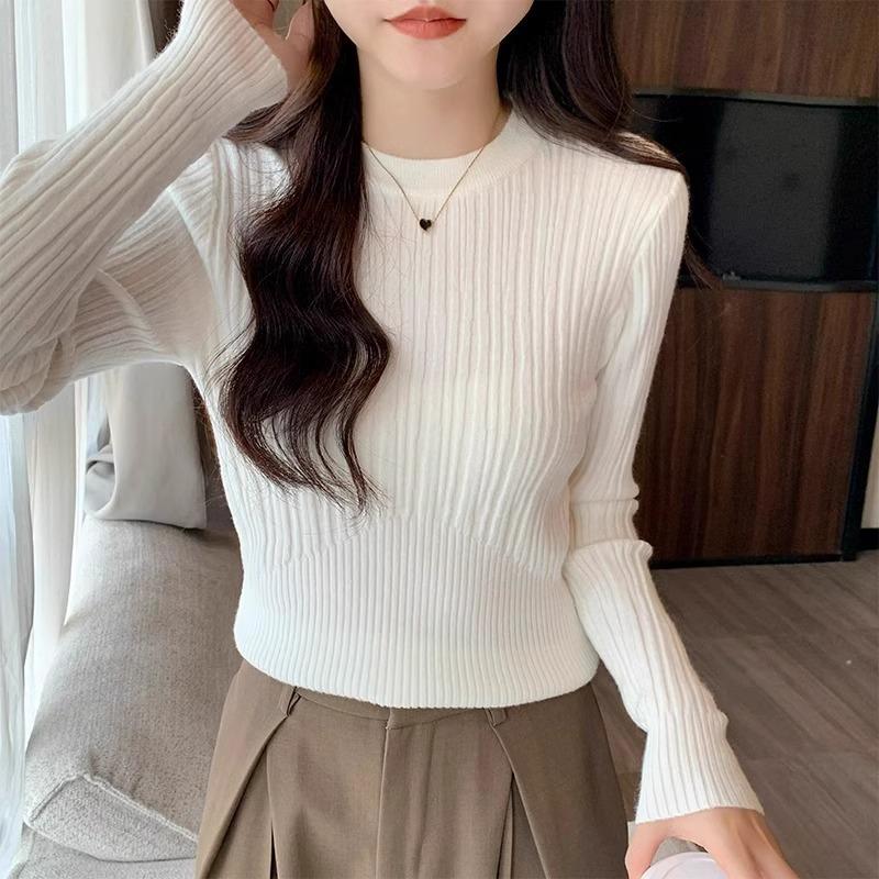 Crew neck black long-sleeved sweater women's autumn and winter high-end design sense pure desire knitted bottoming shirt top