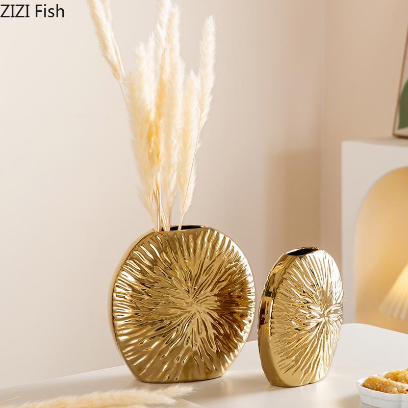 Gold Plated Sun Flower Relief Ceramic Vase Plant Pots Table Decoration Flowers Arrangement Flower Vase Room Aesthetic Decor