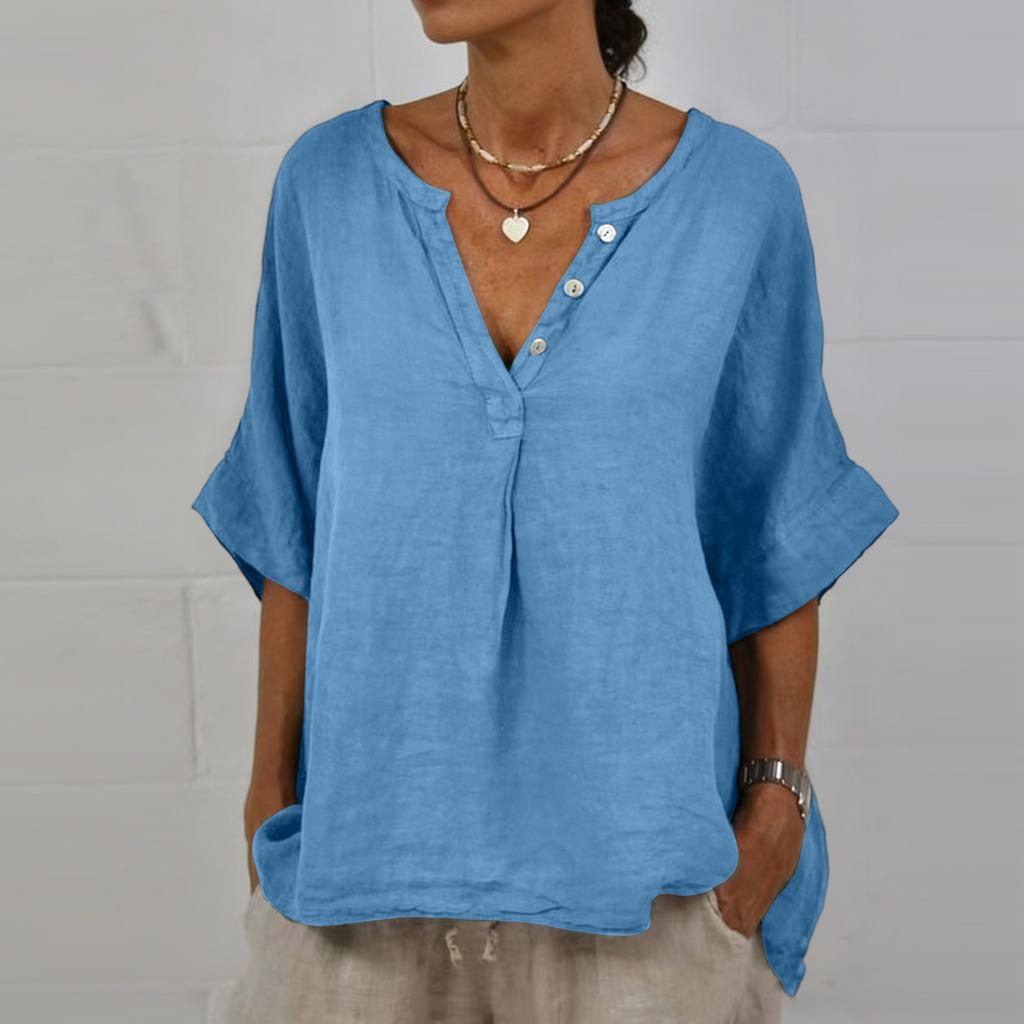 Women's  Color Casual Fashion Pullover With Mid Sleeve Cotton And Linen Top