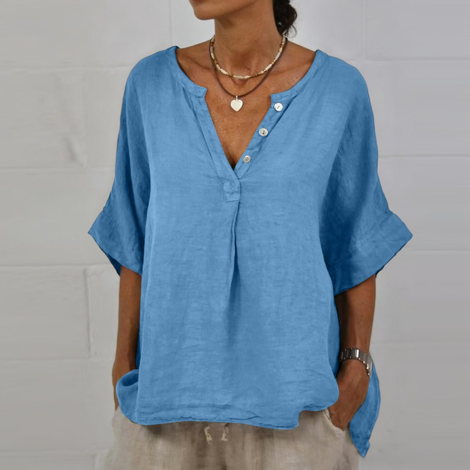 

Women s Color Casual Fashion Pullover With Mid Sleeve Cotton And Linen Top XL небо синє кольору