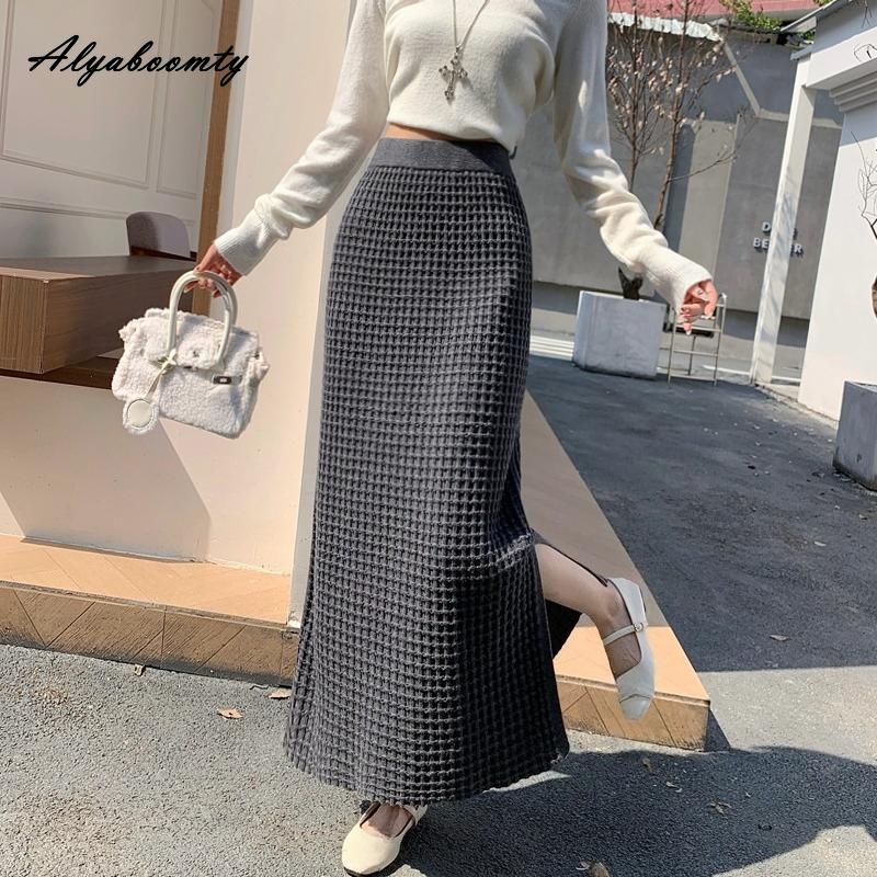 Korean Fashion Autumn Winter Women Split Skirt High Waist Waffle Pattern Knitting Skirt Knitted Elegant Feminine Black Gray Skirts