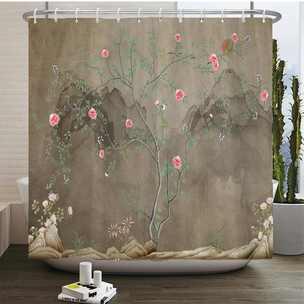 Plant Flowers and Birds Shower Curtain 180x180cm Floral Printed Shower Curtain Polyester Bath Curtain Bathroom Decor With Hooks