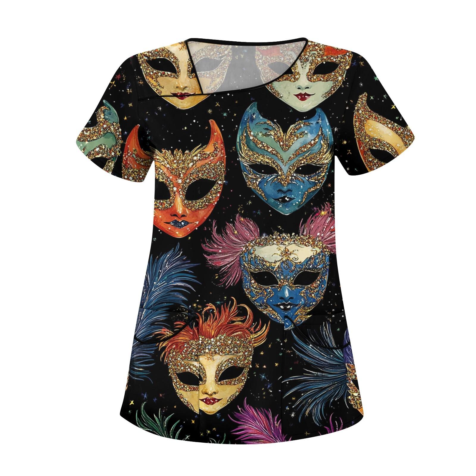 

Жіночий повсякденний верх робочого одягу з коротким рукавом і косим коміром із принтом і подвійними кишенями XL небо синє кольору