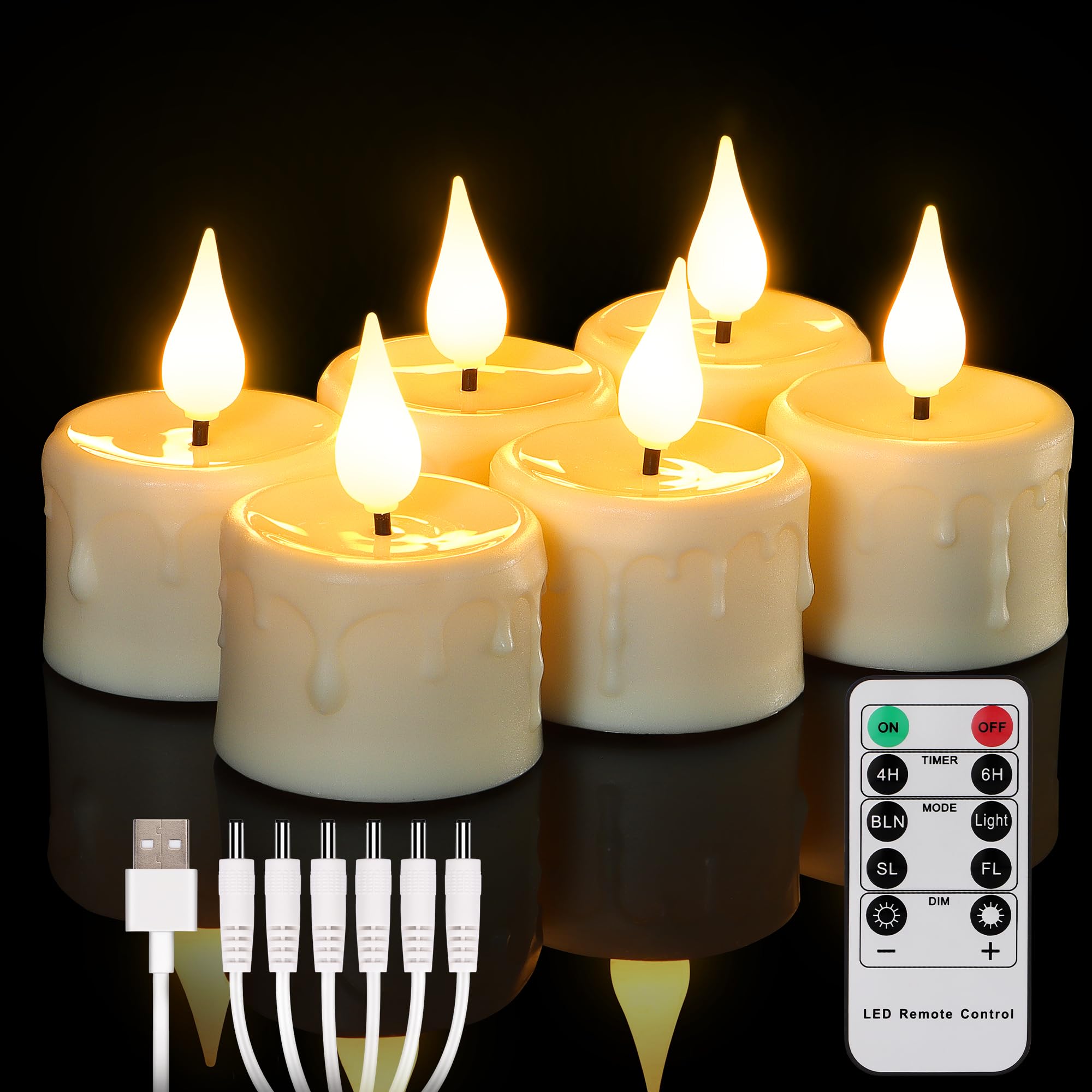 

FREEPOWER Rechargeable Flameless Tealights with Remote Timer, Soft 3D Wick LED Tealights, Candle-Style Rechargeable Candles, Realistic Flickering,