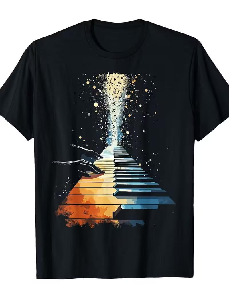 Men S Black Piano Keyboard Graphic T-Shirt - Vibrant Grand Piano & Music Notes P XXXXL