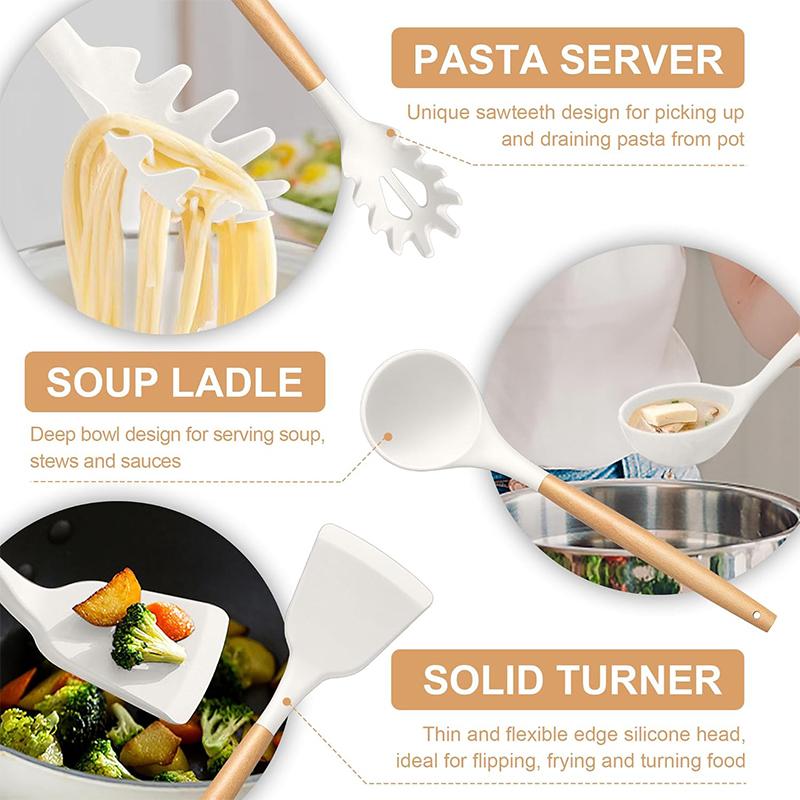 12 Pcs Silicone Kitchen Utensils Set Non Stick Silicone Cooking Utensil Set Heat Resistant Cookware with Wooden Handle JT558